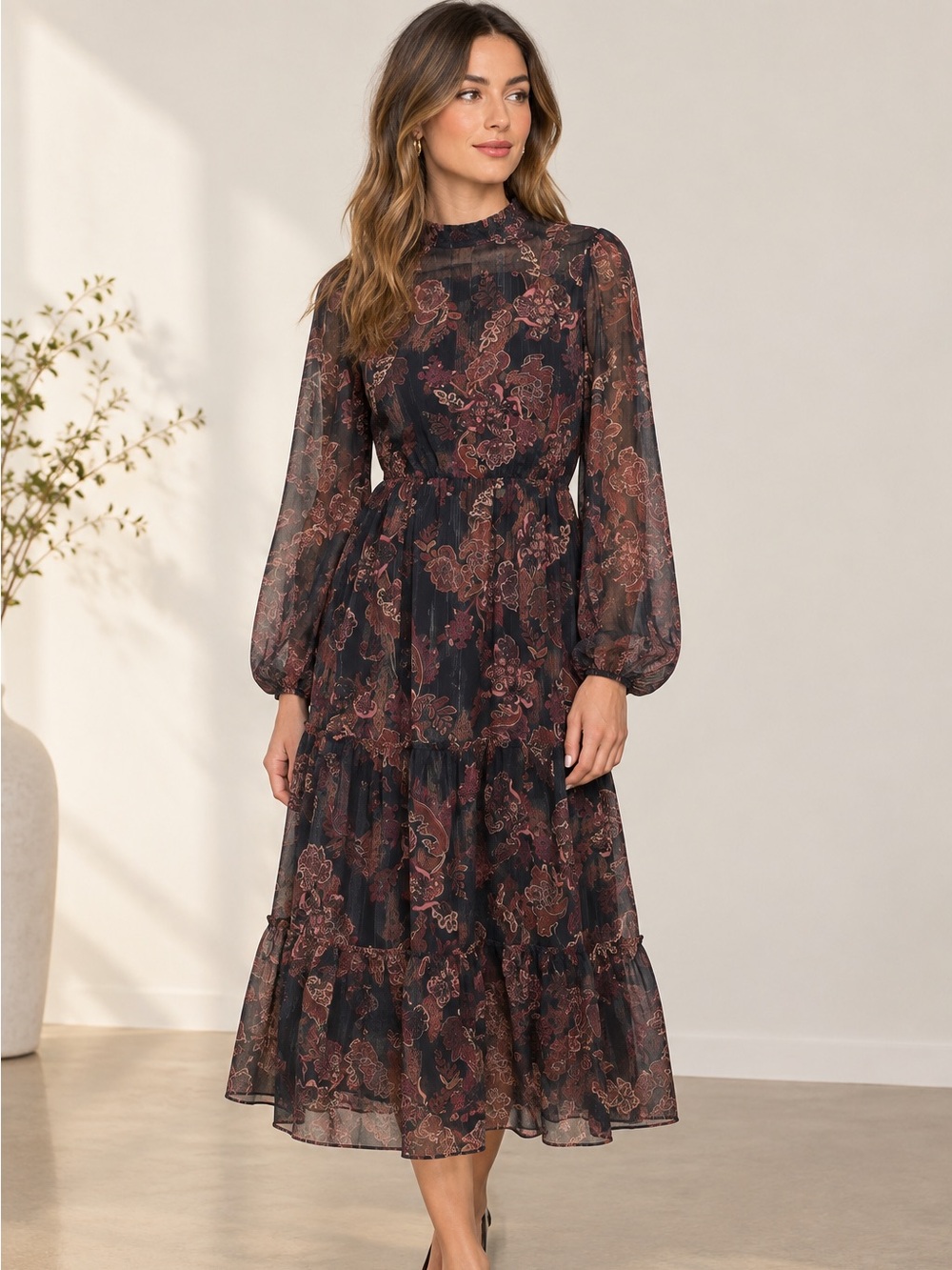 Lost + Wander Dark Floral M Dress Sheer Balloon Sleeves Tiered Boho Romantic